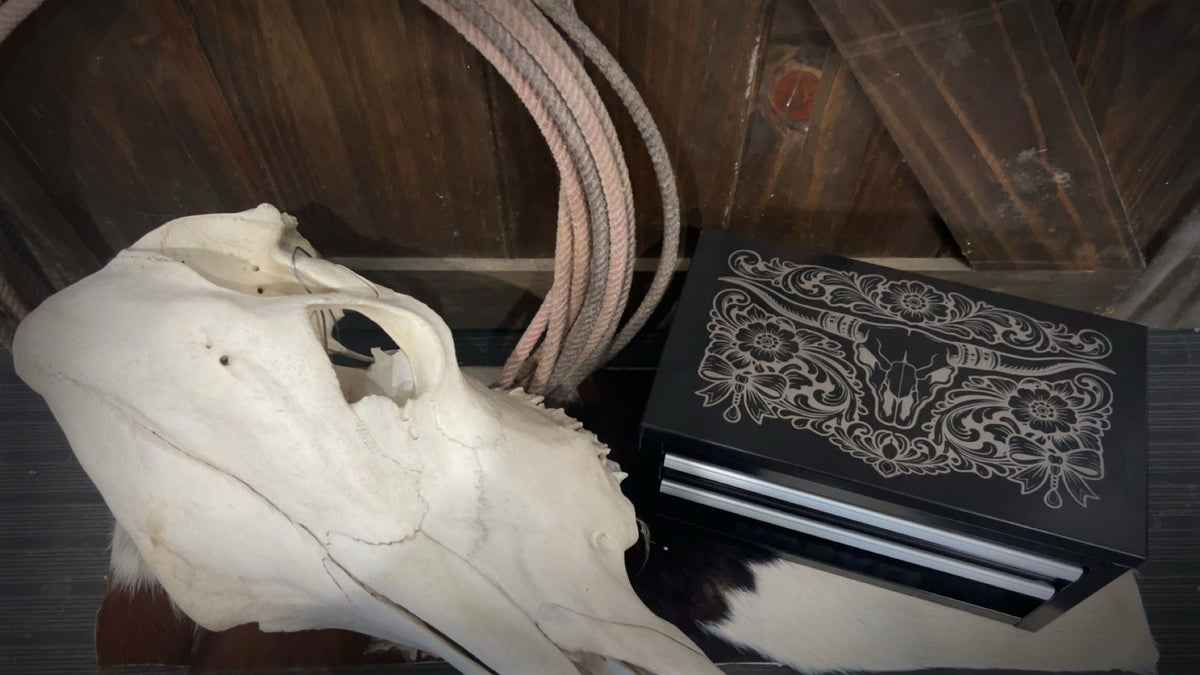 Laser Engraved Metal Tool Box / Limited Edition Jewelry Box Skull with Ribbons