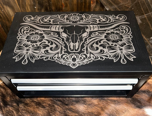 Laser Engraved Metal Tool Box / Limited Edition Jewelry Box Skull with Ribbons